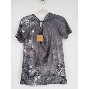 Noracora Womens Sz S Gray Floral Print Zipper Neck Short Sleeve Top Tilunic NWT